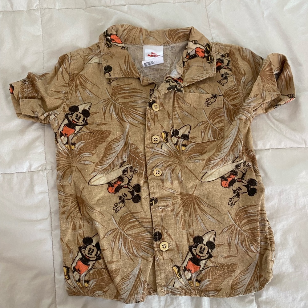 Disney Tan and Orange Button Down Shirt with Mickey Mouse Print